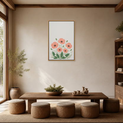 Five Coral Poppies Botanical Floating Frame Wall Art - 05_warm_oak_wall_scene