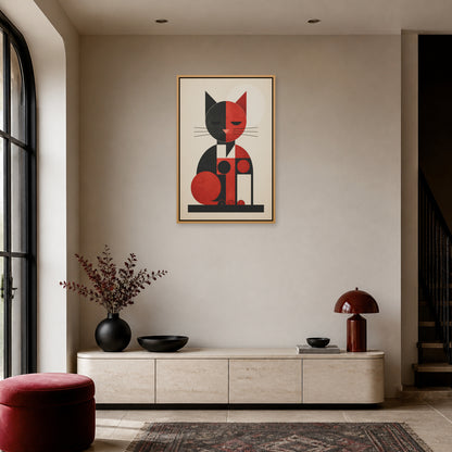 Bauhaus Geometric Cat Floating Frame Wall Art - 05_warm_oak_wall_scene