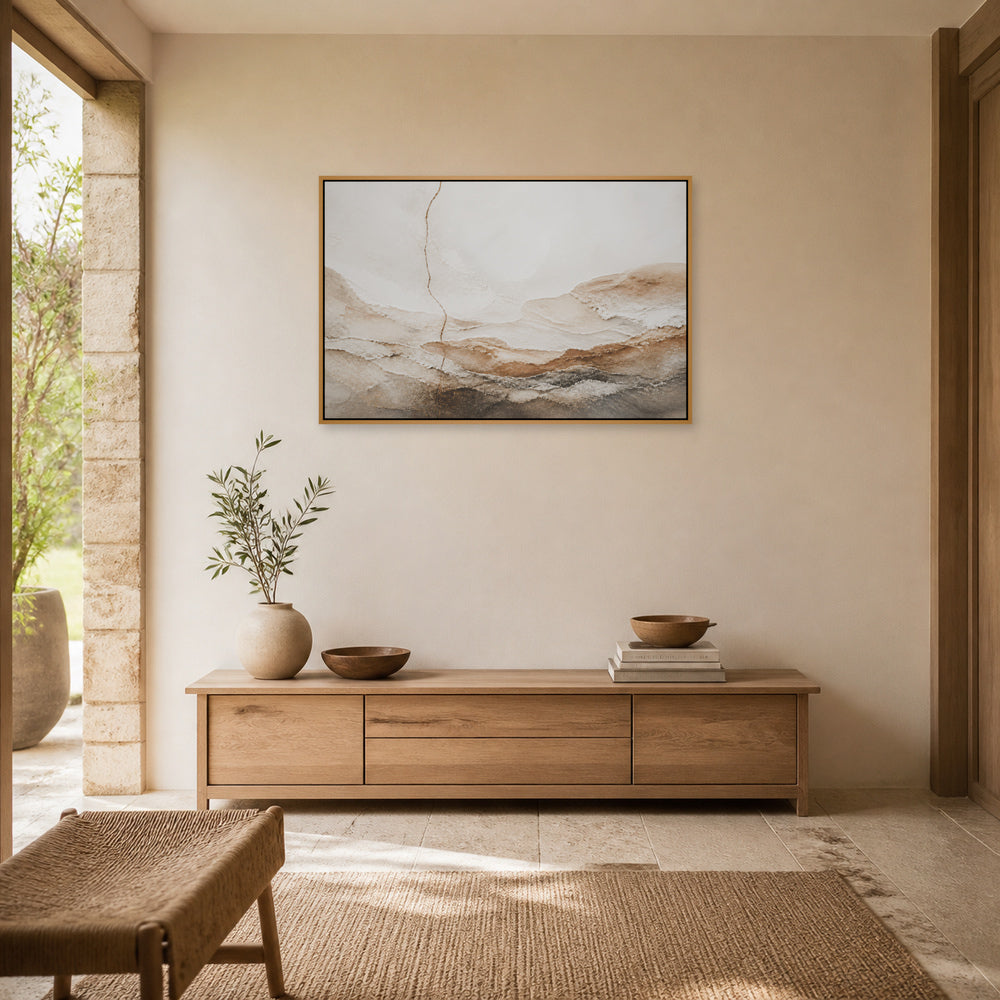 Warm Neutral Mineral Texture Abstract Floating Frame Wall Art - 05_warm_oak_wall_scene