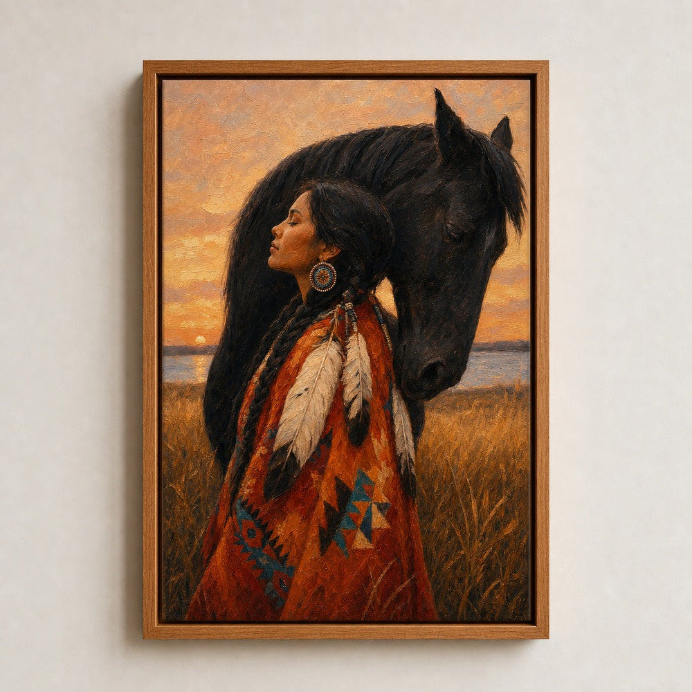 Indigenous Woman and Black Horse Wall Art floating frame wall art - 05