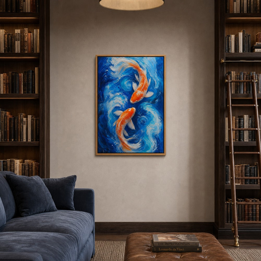 Two Koi in Blue Swirling Water Wall Art - 05_warm_oak_diverse_wall_scene
