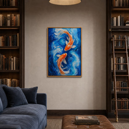 Two Koi in Blue Swirling Water Wall Art - 05_warm_oak_diverse_wall_scene