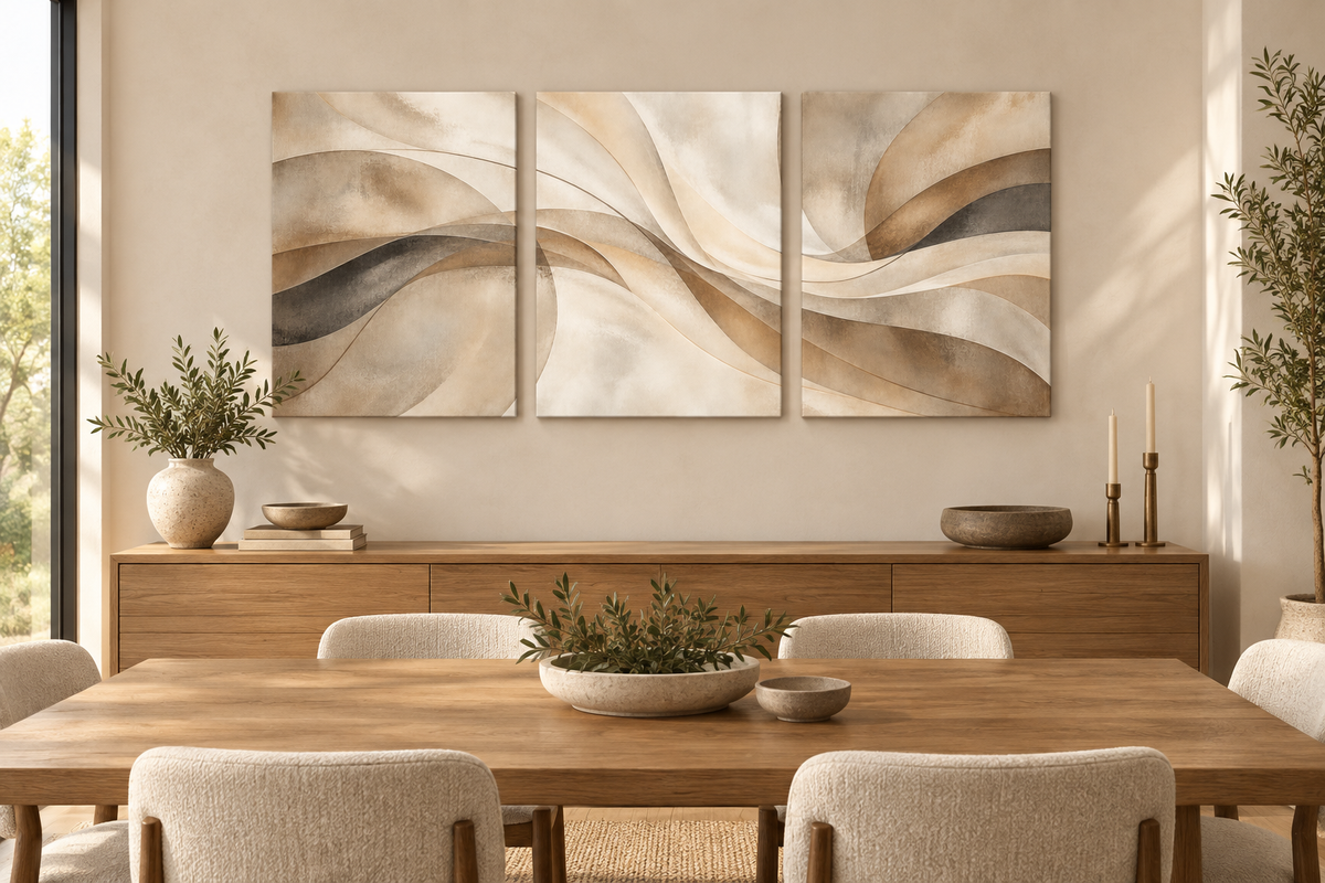 Warm Neutral Sweeping Forms Abstract Triptych Wrapped Canvas Wall Art - 05_dining_room_20x28_each