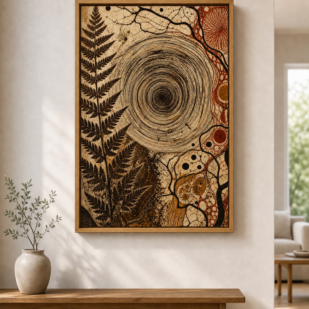 Organic Concentric Vortex Abstract Floater Frame Canvas Wall Art — alternate room scene in a brown floater frame