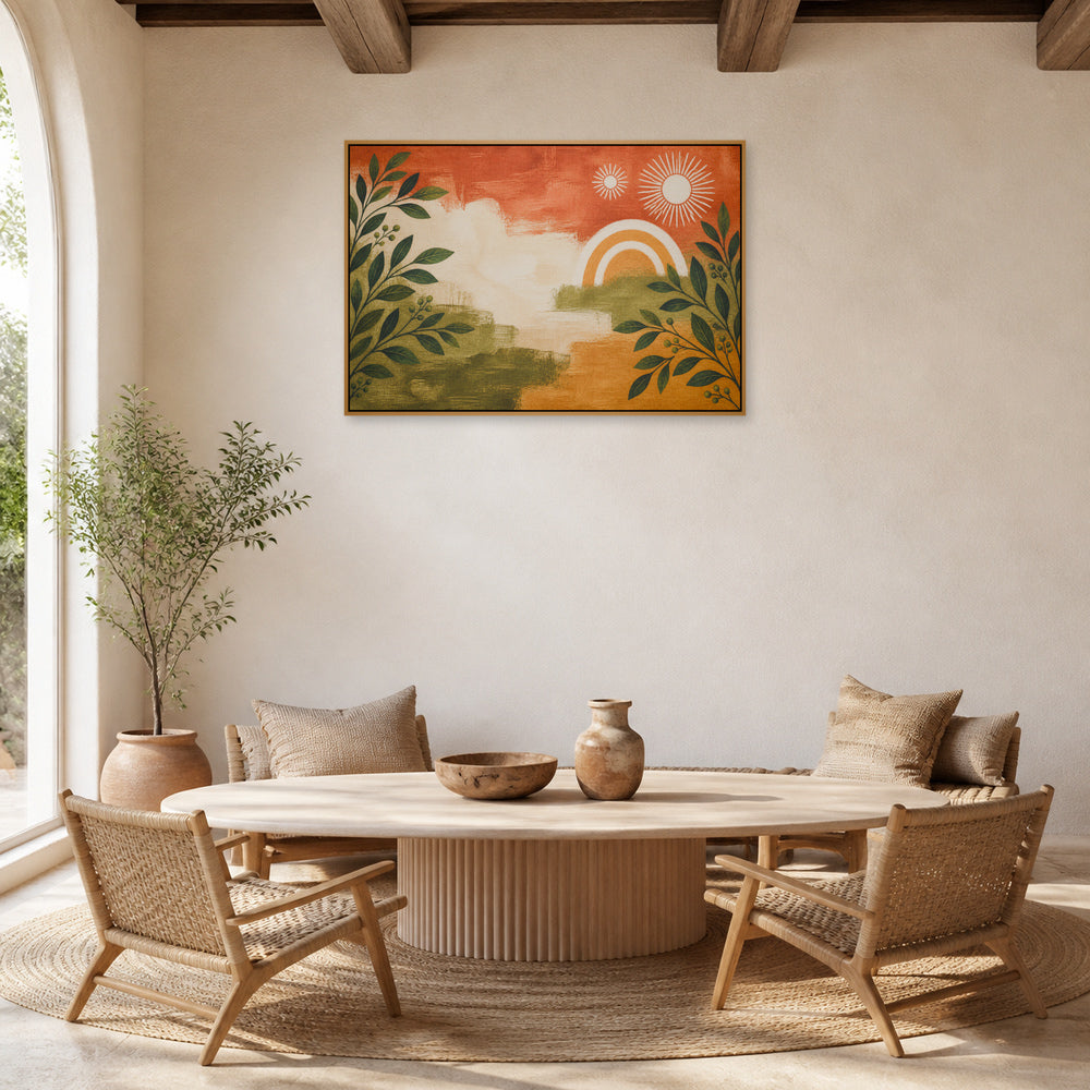 Boho Botanical Suns Floating Frame Wall Art - 05_warm_oak_wall_scene