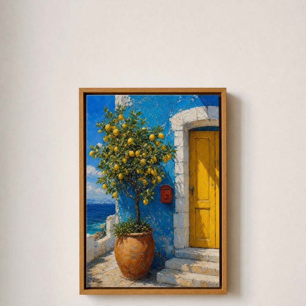 Mediterranean Blue House Lemon Tree Wall Art floating frame wall art - 05