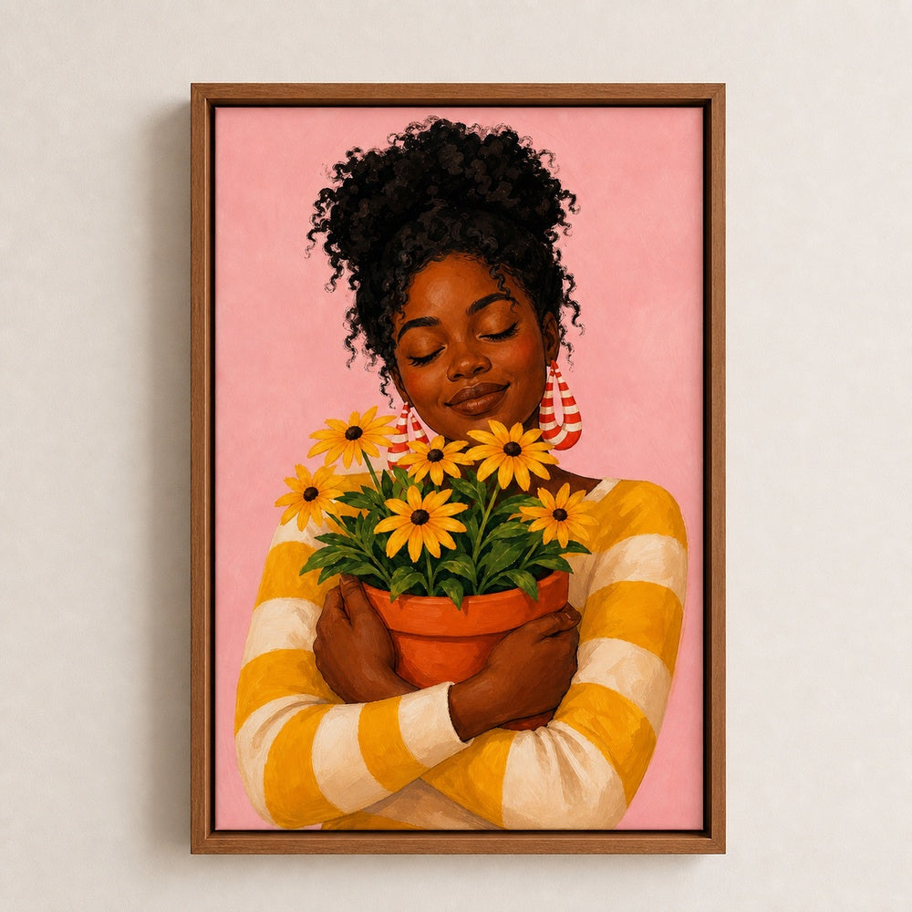 Black Woman Hugging Flower Pot Wall Art floating frame wall art - 05