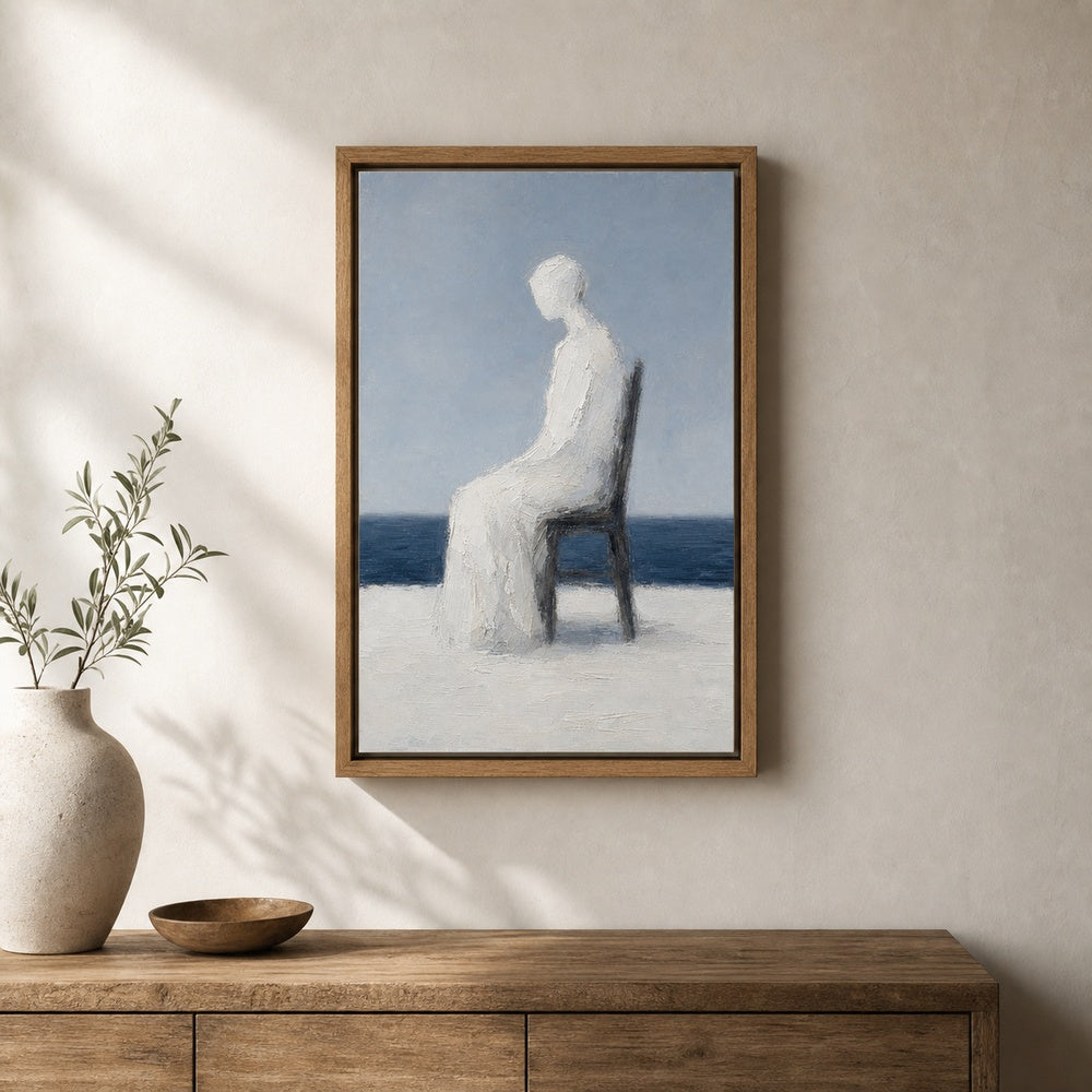 White Impasto Seated Figure Blue Horizon Wall Art floating frame wall art - 05
