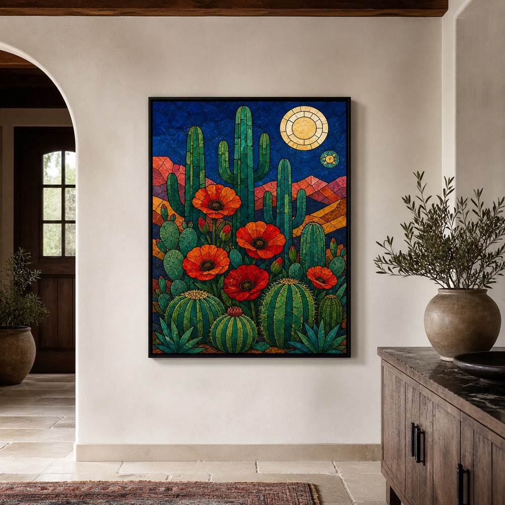 Stained Glass Desert Cactus and Poppy Wall Art | Black Frame entry dining wall scene