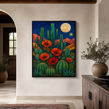Stained Glass Desert Cactus and Poppy Wall Art | Black Frame entry dining wall scene