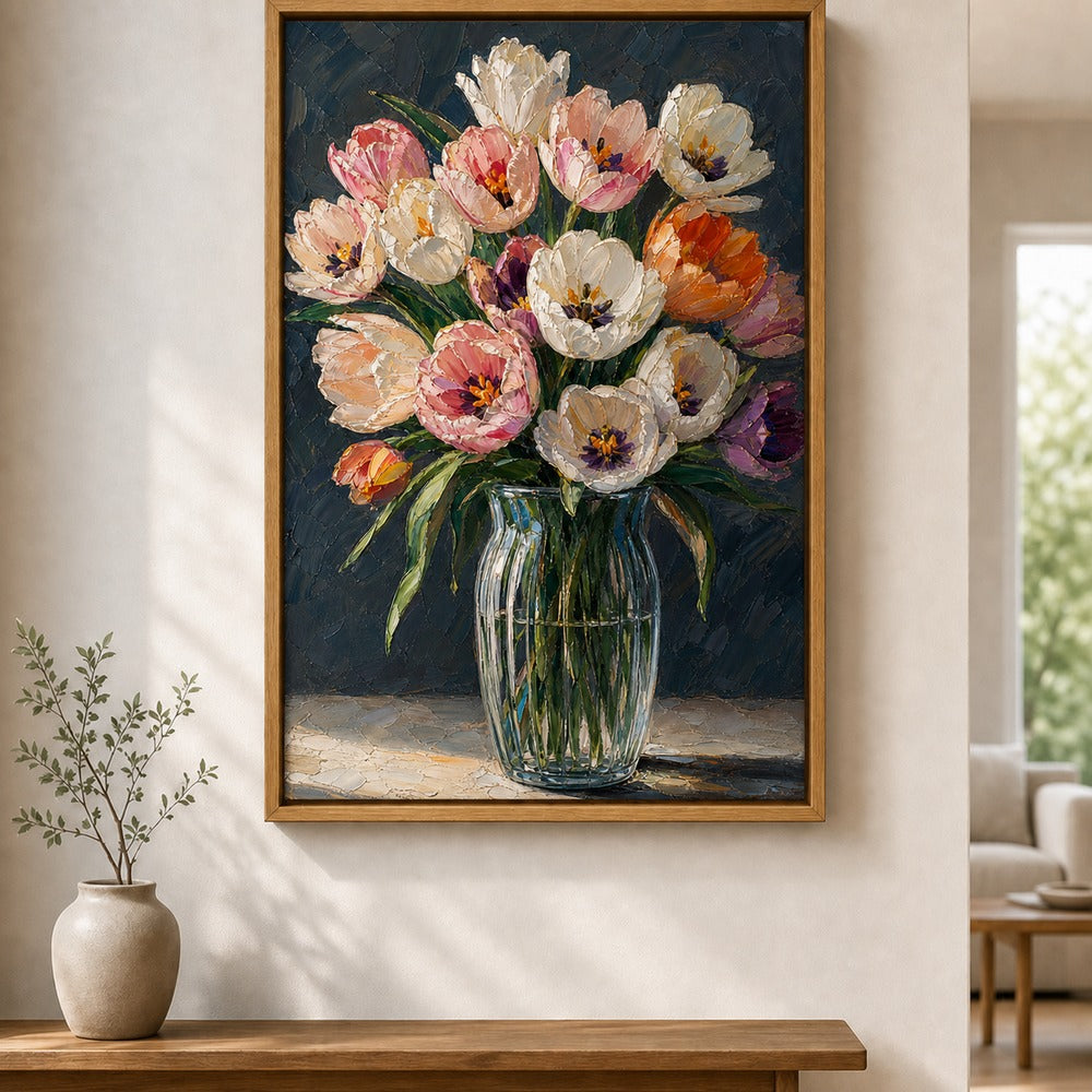 Pink and White Tulips in Glass Vase Floater Frame Canvas Wall Art — alternate room scene in a brown floater frame