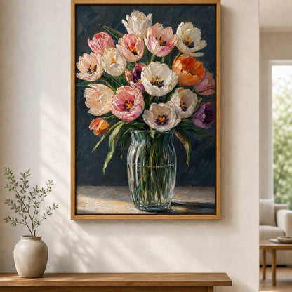 Pink and White Tulips in Glass Vase Floater Frame Canvas Wall Art — alternate room scene in a brown floater frame