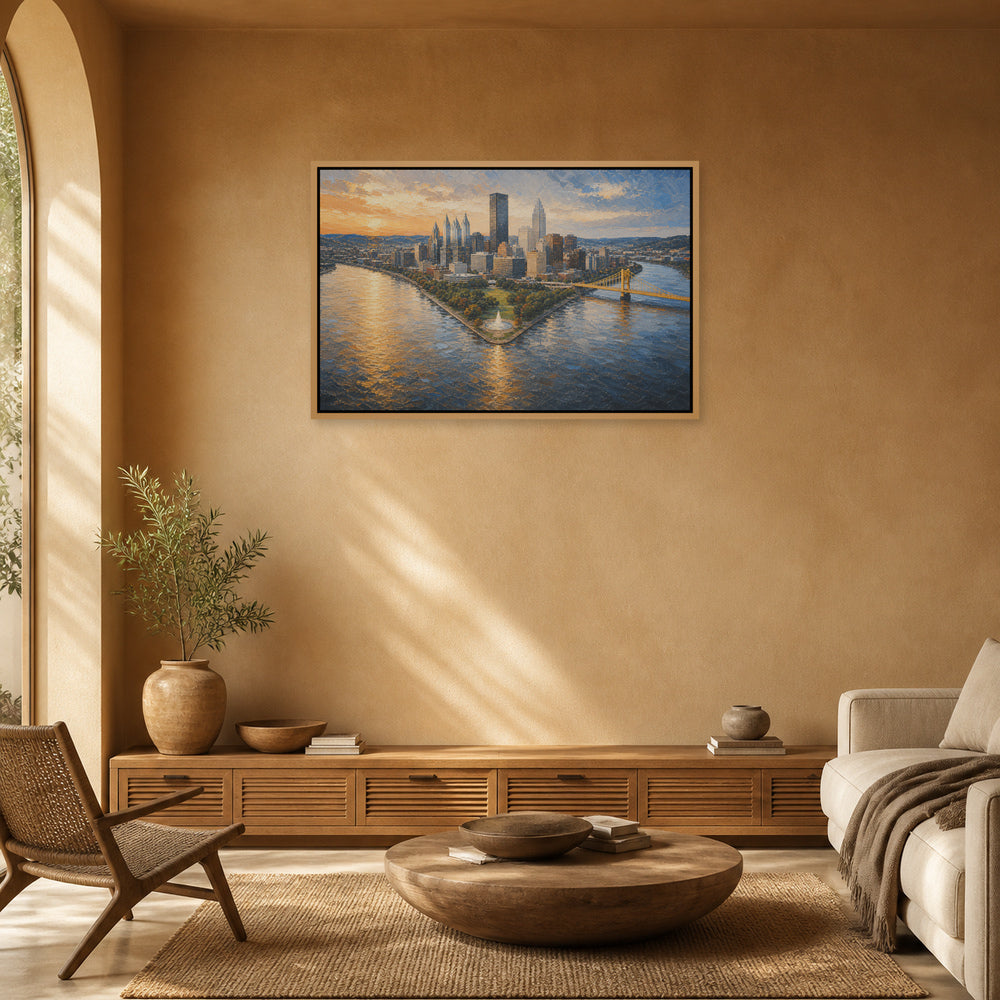 Pittsburgh Three Rivers Skyline Floating Frame Wall Art - 05_warm_oak_wall_scene