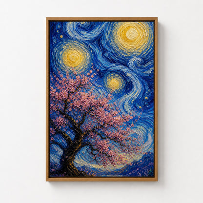 Pink Cherry Blossom Swirling Night Floater Frame Canvas Wall Art — alternate room scene in a brown floater frame