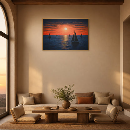 Five Sailboats Sunset Woodcut Floating Frame Wall Art - 05_warm_oak_wall_scene