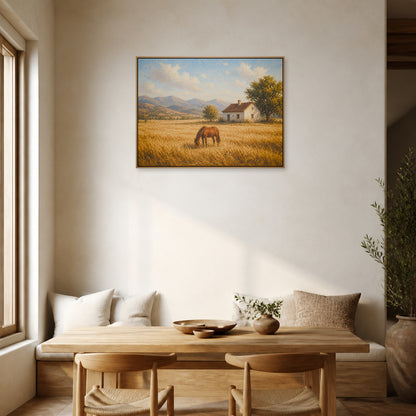 Golden Field Horse and Farmhouse Floating Frame Wall Art - 05_warm_oak_wall_scene