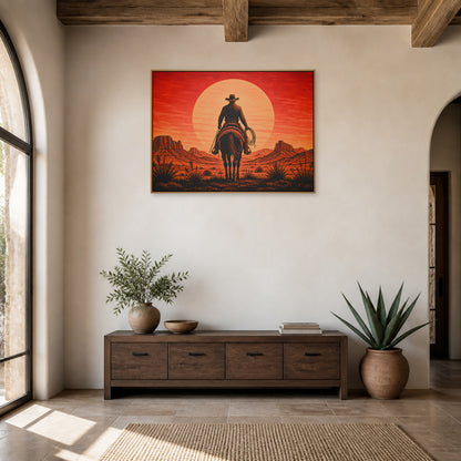 Cowboy Sunset Western Floating Frame Wall Art - 05_warm_oak_wall_scene