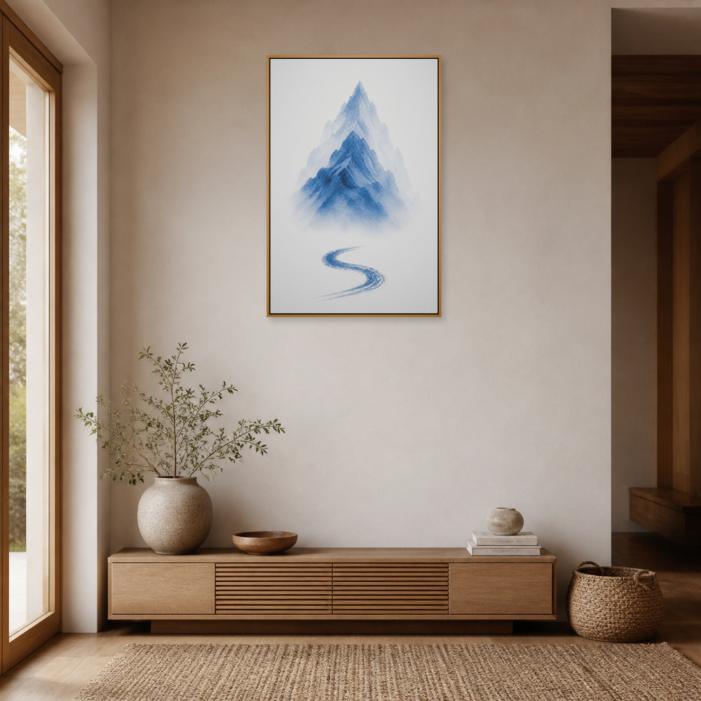 Blue Ink Wash Mountain Floating Frame Wall Art - 05_warm_oak_wall_scene