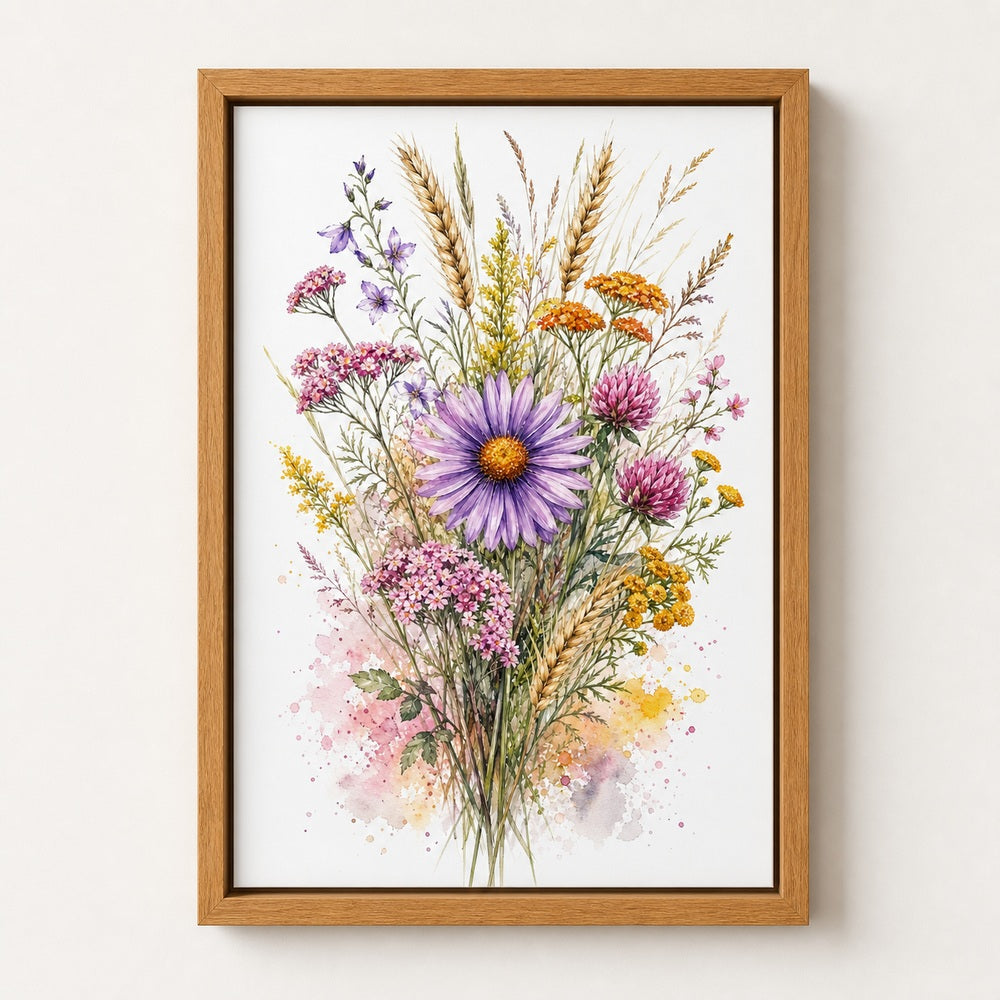 Purple Daisy Wildflower Watercolor Splash Wall Art floating frame wall art - 05