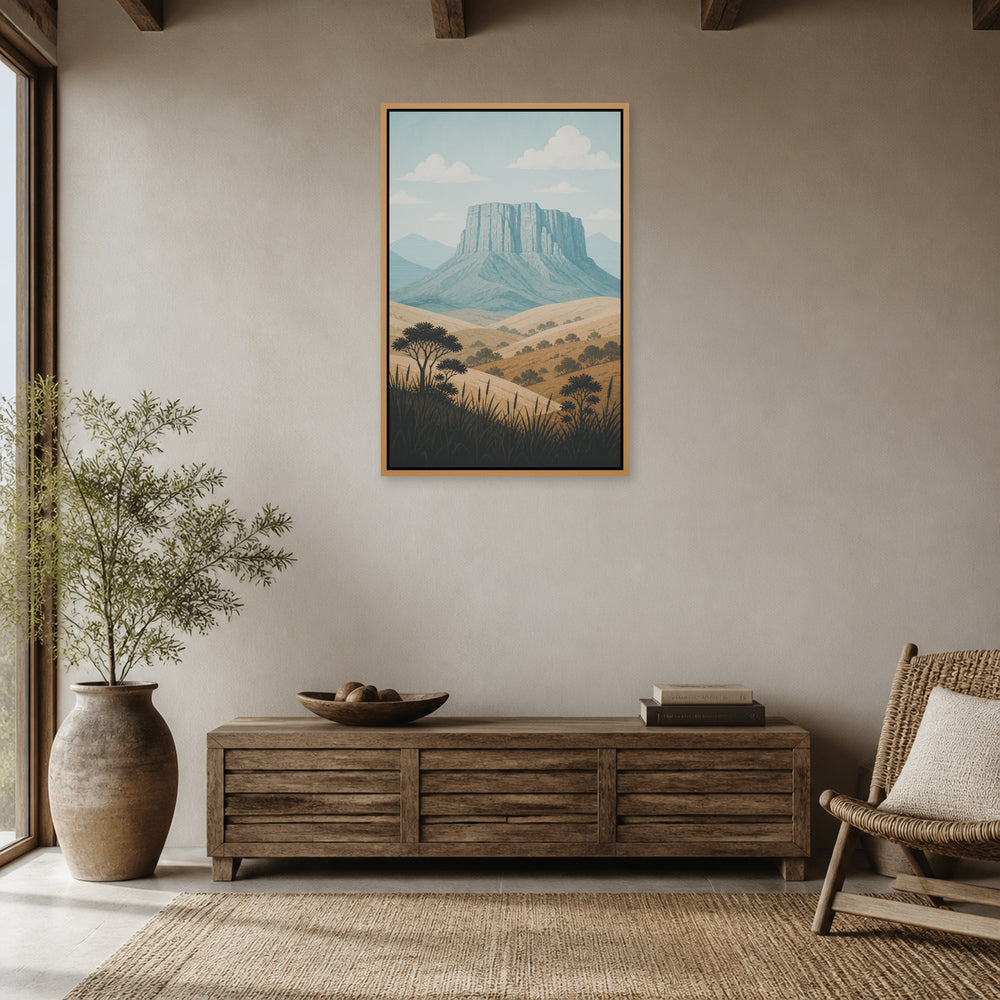 Blue Green Mesa Landscape Floating Frame Wall Art - 05_warm_oak_wall_scene