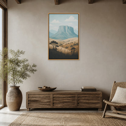Blue Green Mesa Landscape Floating Frame Wall Art - 05_warm_oak_wall_scene