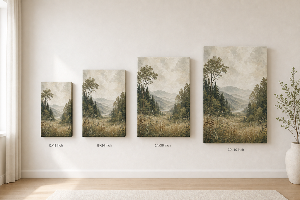 Serene Forest Nature Canvas Wall Art – Draft - Canvas size comparison 12x18 18x24 24x36 30x40 inch