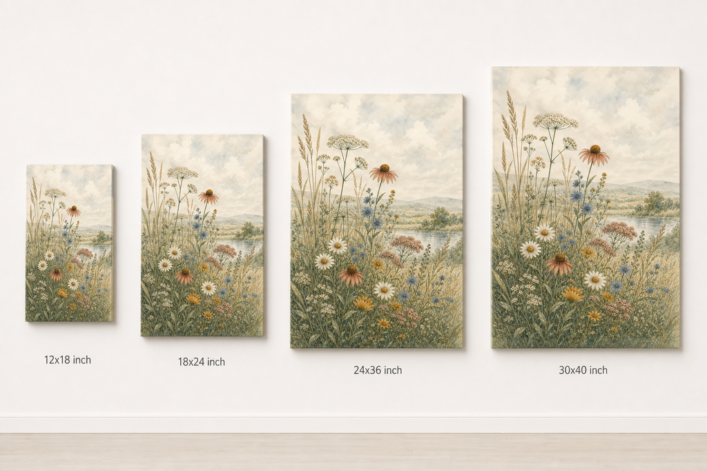 Wildflower Meadow Botanical Canvas Wall Art – Draft - Canvas size comparison 12x18 18x24 24x36 30x40 inch