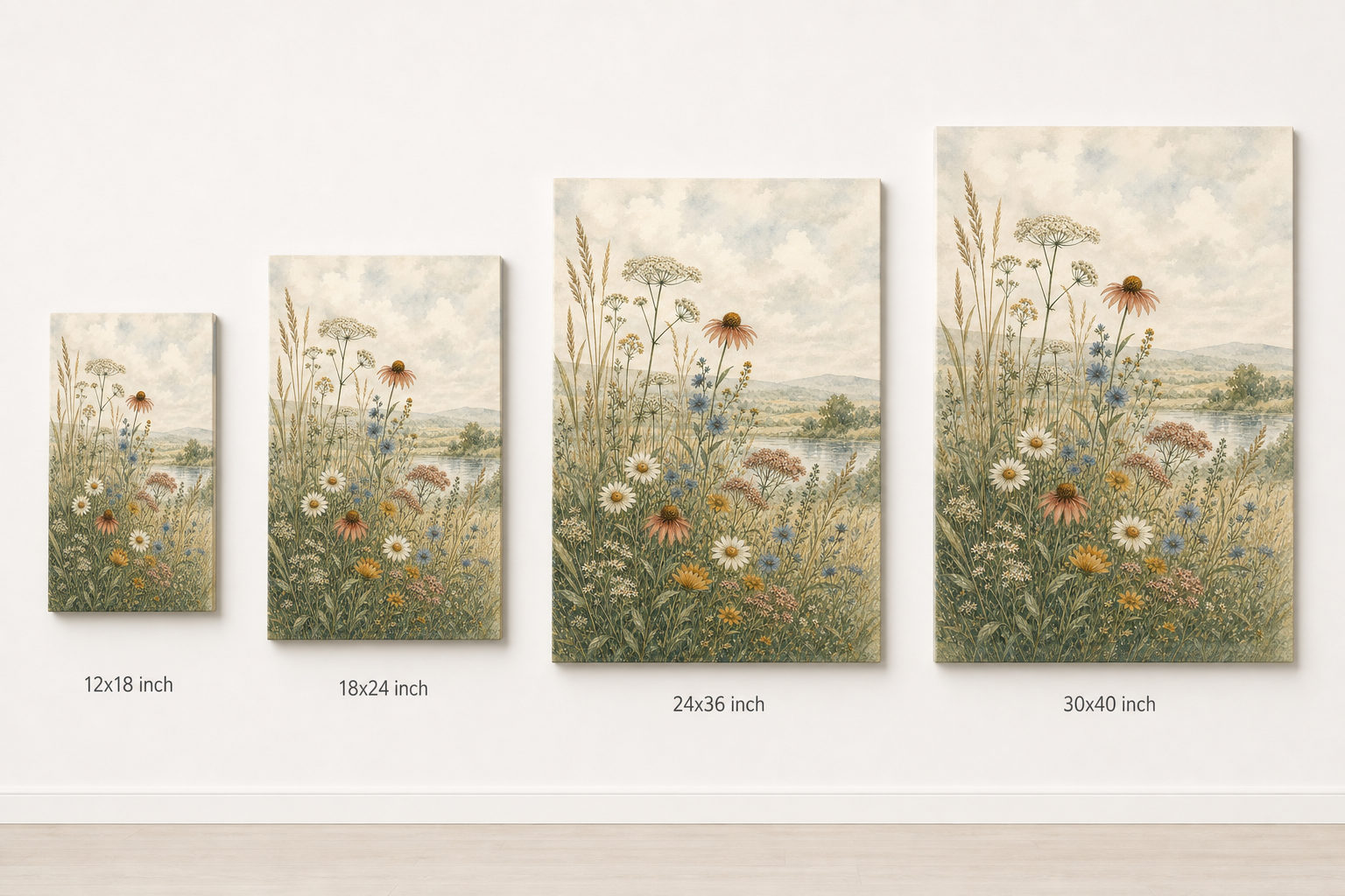 Wildflower Meadow Botanical Canvas Wall Art – Draft - Canvas size comparison 12x18 18x24 24x36 30x40 inch