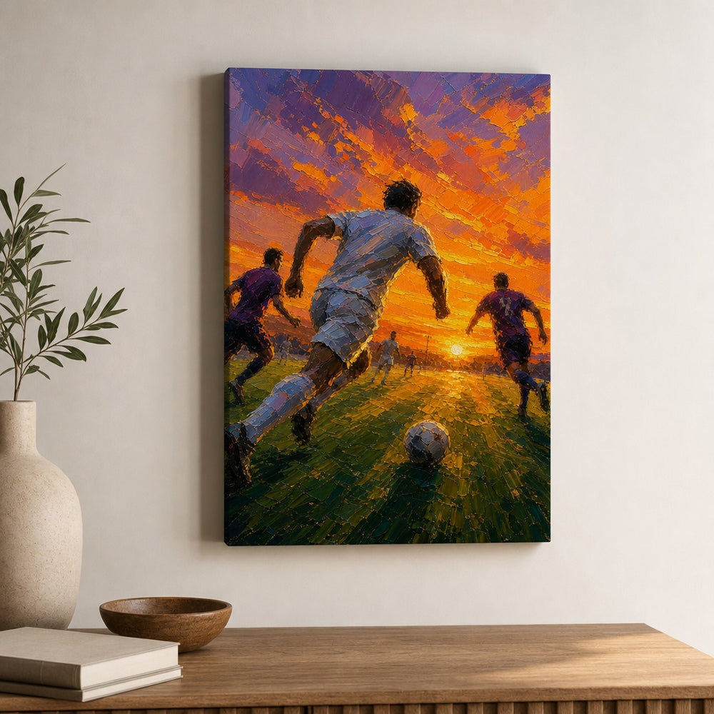 Impasto Sunset Soccer Run Canvas Wall Art 12×18 inch thin wrapped canvas wall mockup