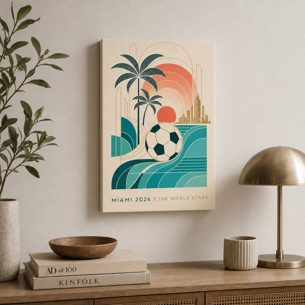 Miami 2026 World Stage Soccer Canvas Wall Art 12×18 inch thin wrapped canvas wall mockup
