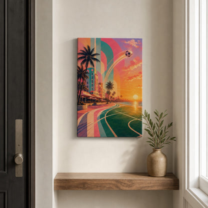 Miami Beach Sunset Soccer Canvas Wall Art 12×18 inch thin wrapped canvas wall mockup