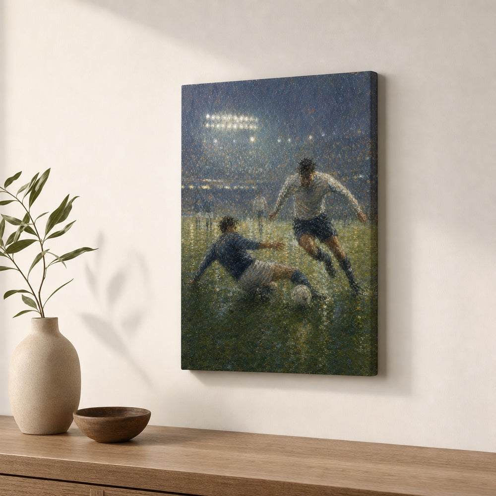 Impressionist Rain Tackle Soccer Canvas Wall Art 12×18 inch thin wrapped canvas wall mockup