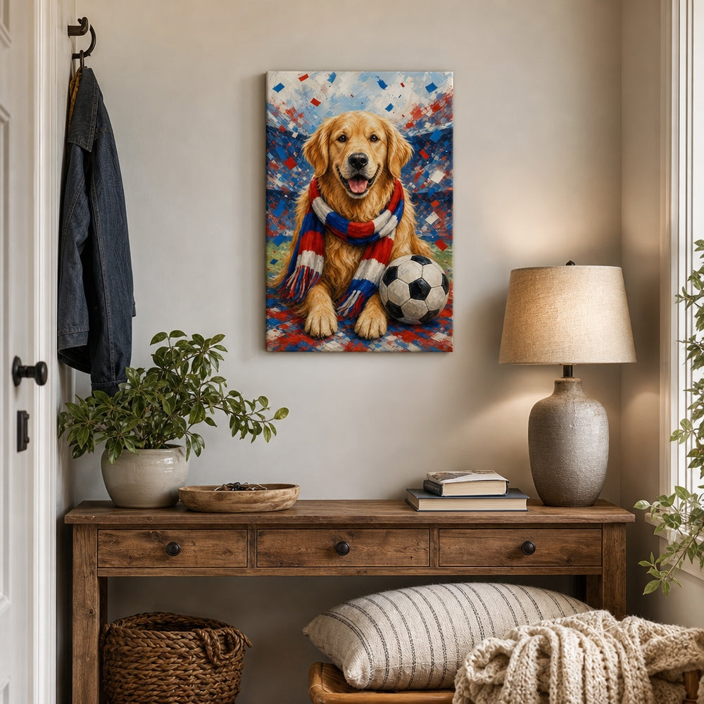Golden Retriever Soccer Fan Canvas Wall Art 12×18 inch thin wrapped canvas wall mockup