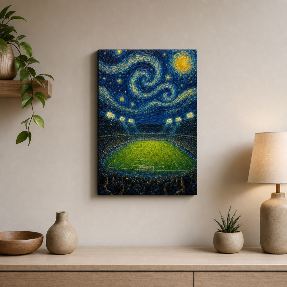 Starry Night Stadium Soccer Canvas Wall Art 12×18 inch thin wrapped canvas wall mockup