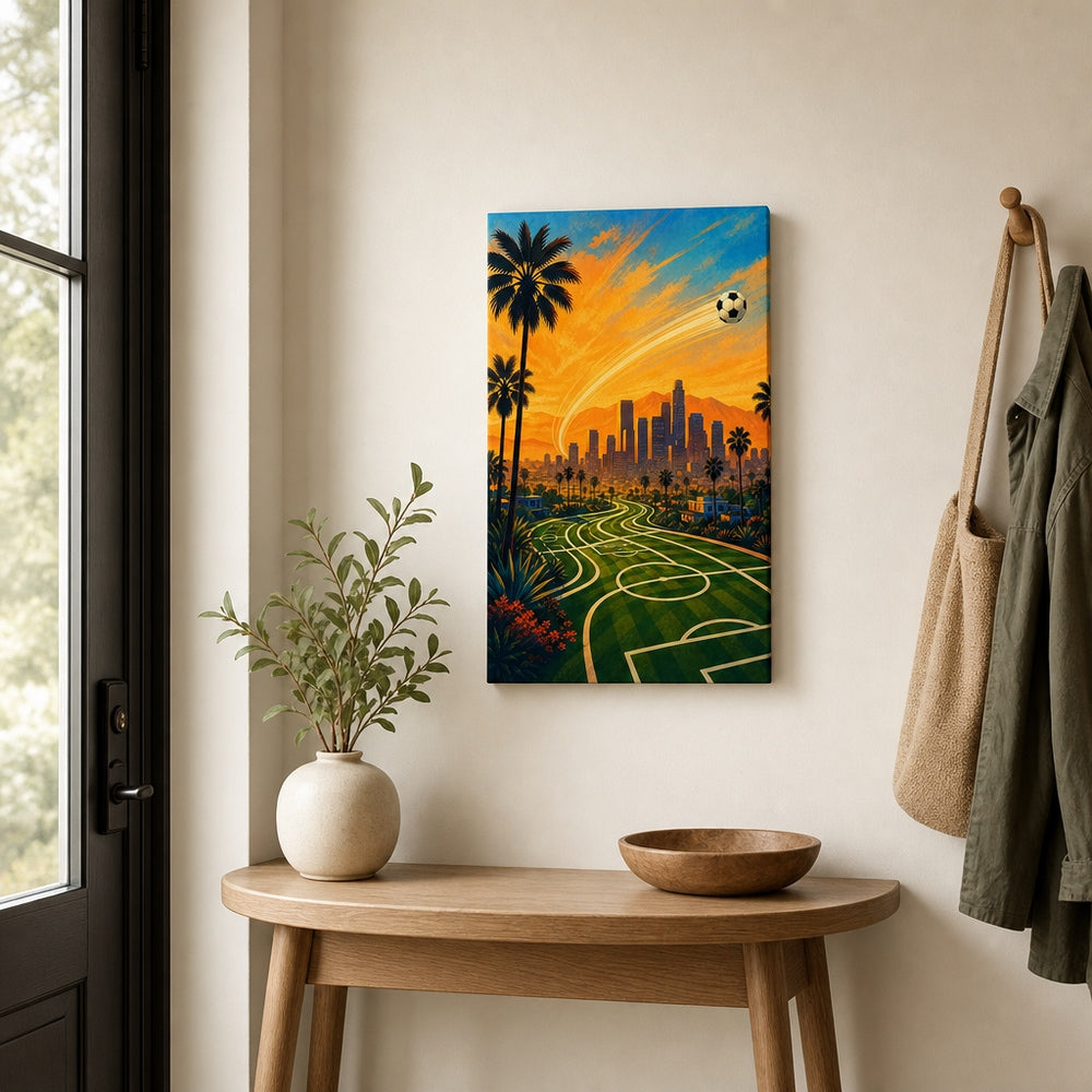 Los Angeles Palm Skyline Soccer Canvas Wall Art 12×18 inch thin wrapped canvas wall mockup