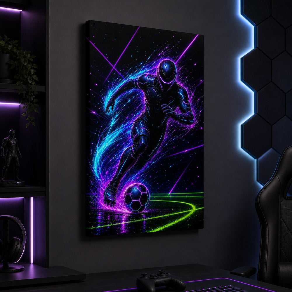 Neon Dribble Light Burst Soccer Canvas Wall Art 12×18 inch thin wrapped canvas wall mockup