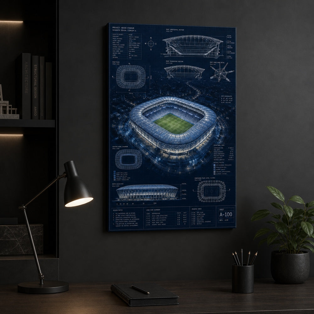 Night Stadium Blueprint Overlay Canvas Wall Art 12×18 inch thin wrapped canvas wall mockup