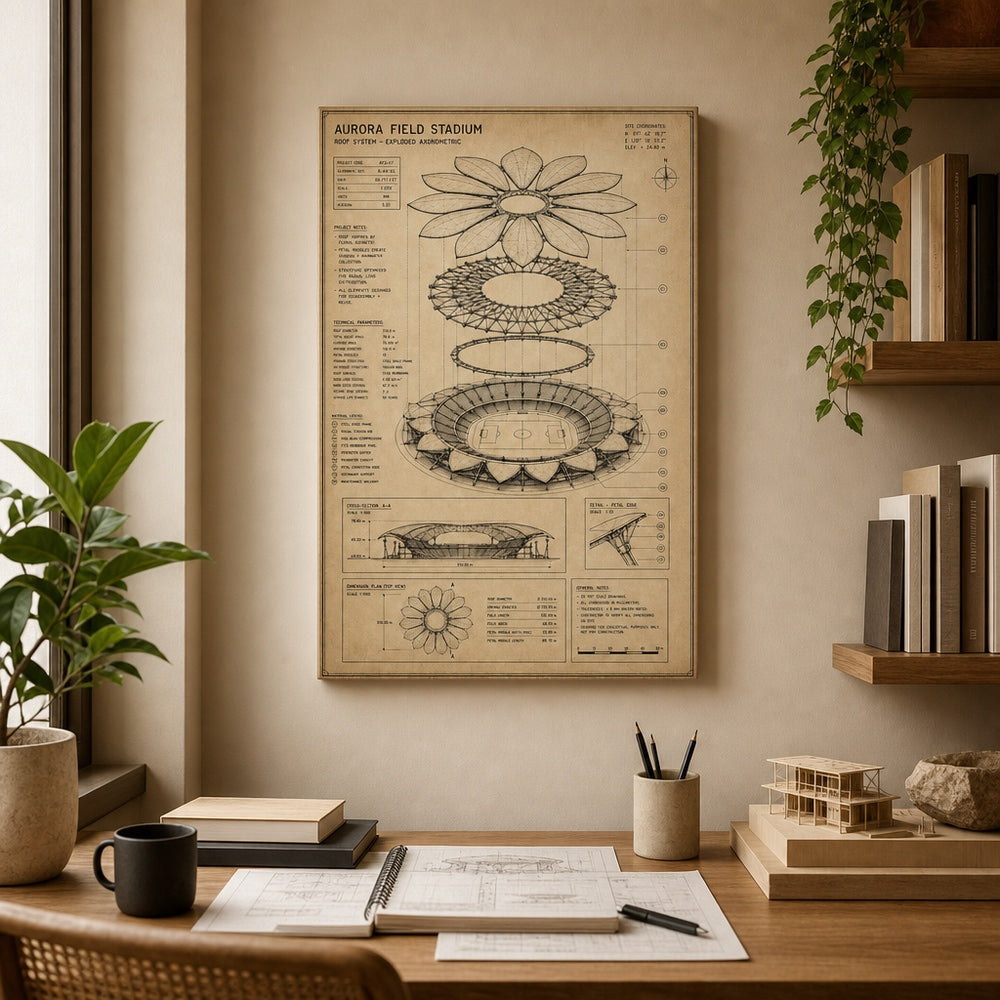 Kraft Paper Stadium Roof Blueprint Canvas Wall Art 12×18 inch thin wrapped canvas wall mockup
