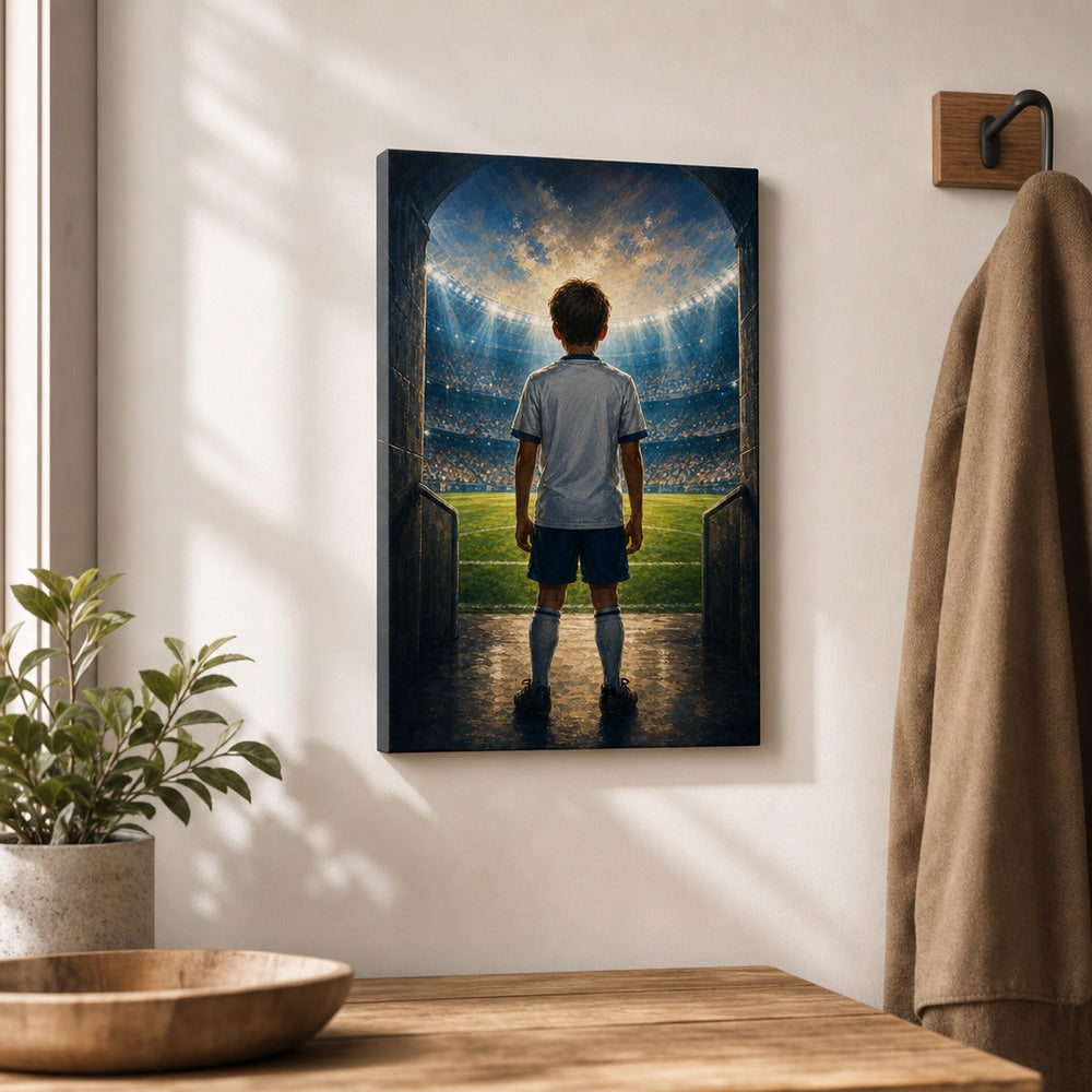 Custom Youth Soccer Dream Tunnel Canvas Wall Art 12×18 inch thin wrapped canvas wall mockup generated with gpt-image-2