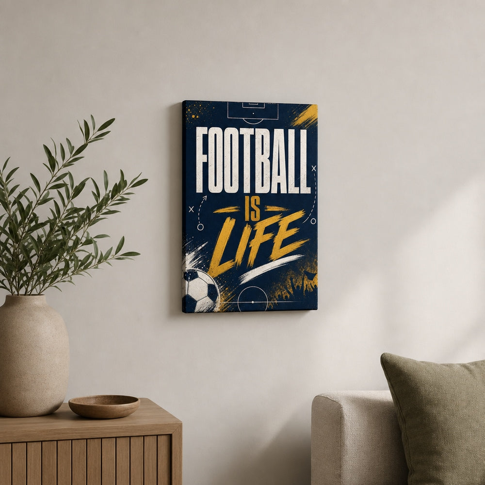 Football Is Life Typography Canvas Wall Art 12×18 inch thin wrapped canvas wall mockup