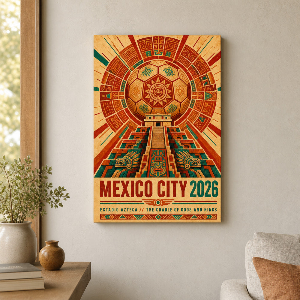 Mexico City 2026 Aztec Totem Soccer Canvas Wall Art 05 12×18 inch thin wrapped canvas wall mockup