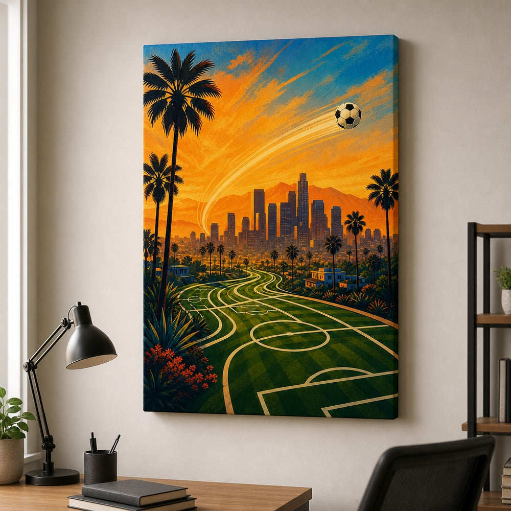 Los Angeles Palm Skyline Soccer Canvas Wall Art 18×24 inch wrapped canvas wall mockup