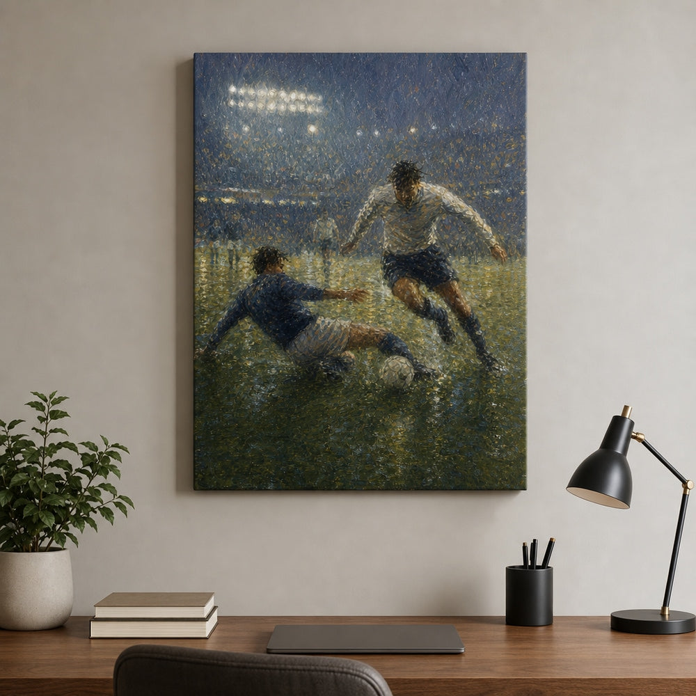 Impressionist Rain Tackle Soccer Canvas Wall Art 18×24 inch wrapped canvas wall mockup
