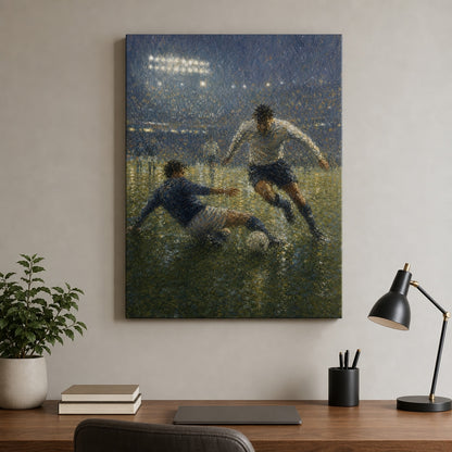 Impressionist Rain Tackle Soccer Canvas Wall Art 18×24 inch wrapped canvas wall mockup