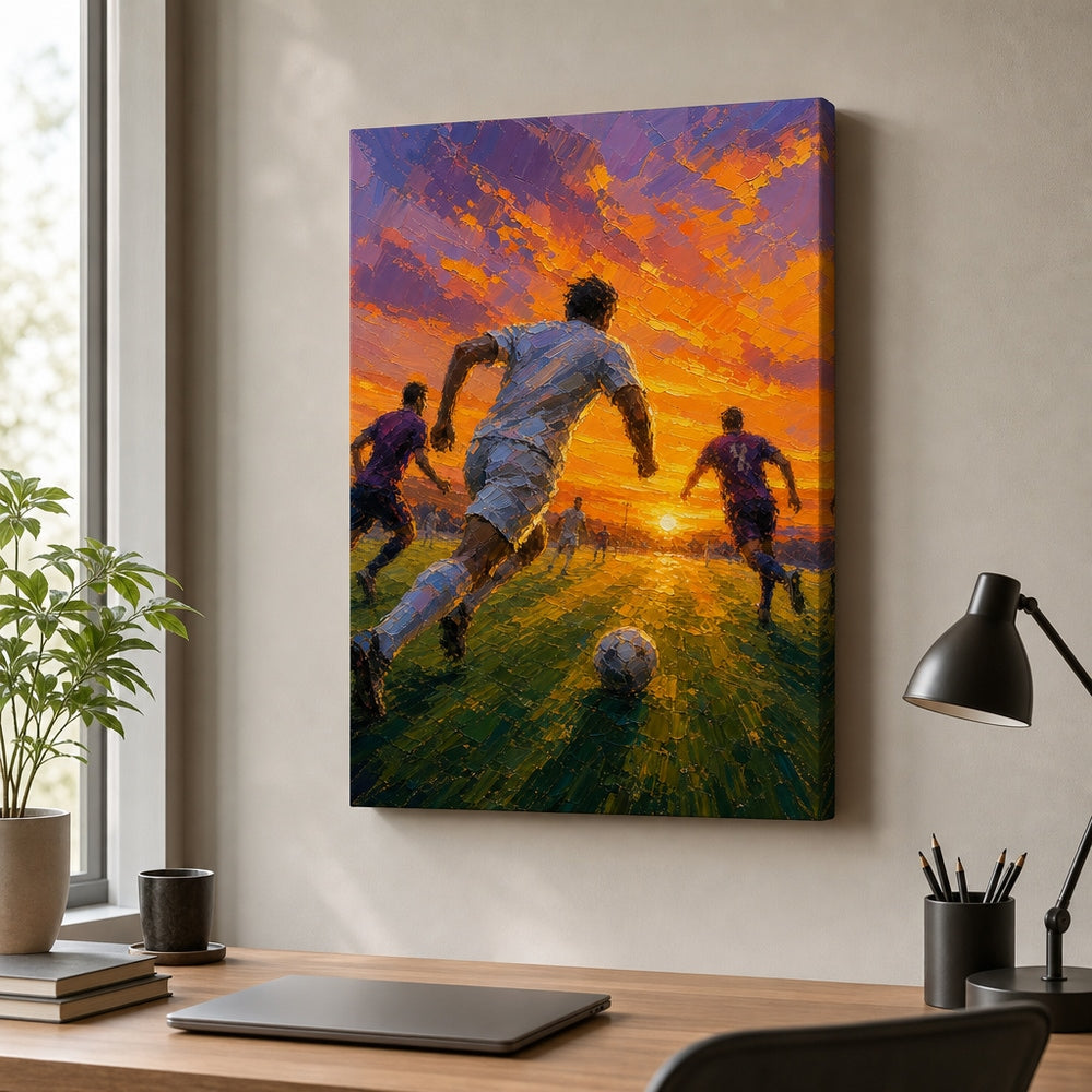 Impasto Sunset Soccer Run Canvas Wall Art 18×24 inch wrapped canvas wall mockup