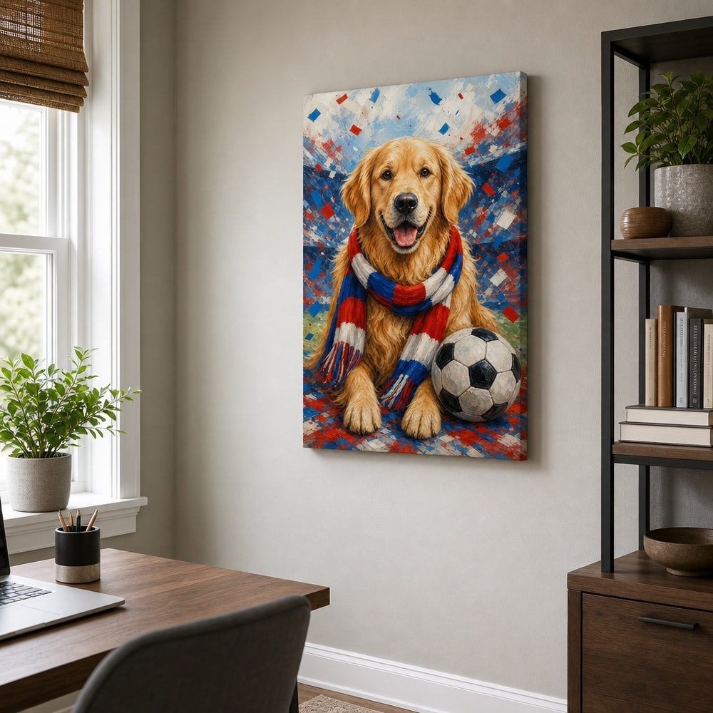Golden Retriever Soccer Fan Canvas Wall Art 18×24 inch wrapped canvas wall mockup