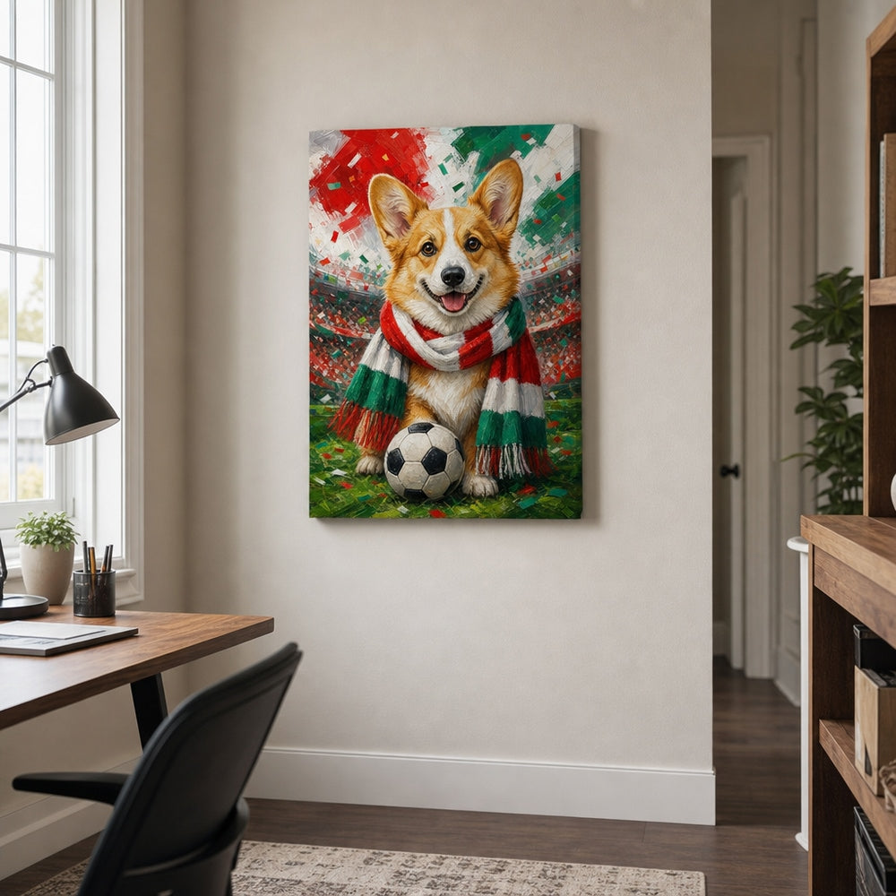 Corgi Soccer Fan Canvas Wall Art 18×24 inch wrapped canvas wall mockup