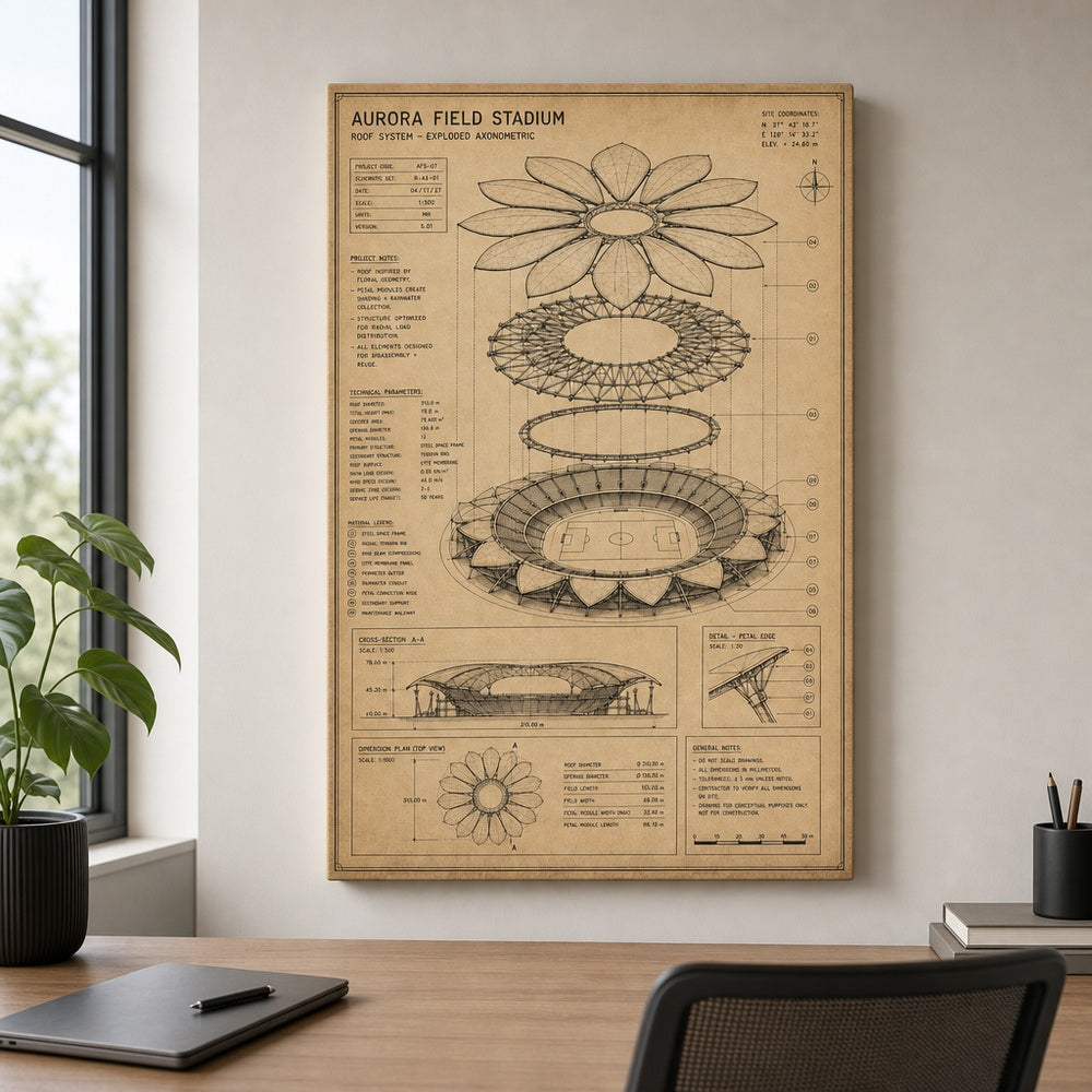 Kraft Paper Stadium Roof Blueprint Canvas Wall Art 18×24 inch wrapped canvas wall mockup