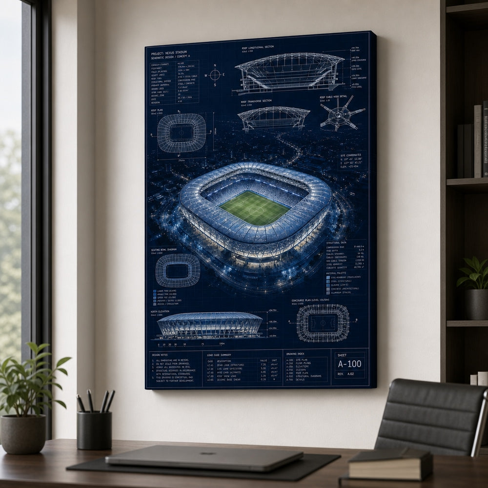 Night Stadium Blueprint Overlay Canvas Wall Art 18×24 inch wrapped canvas wall mockup