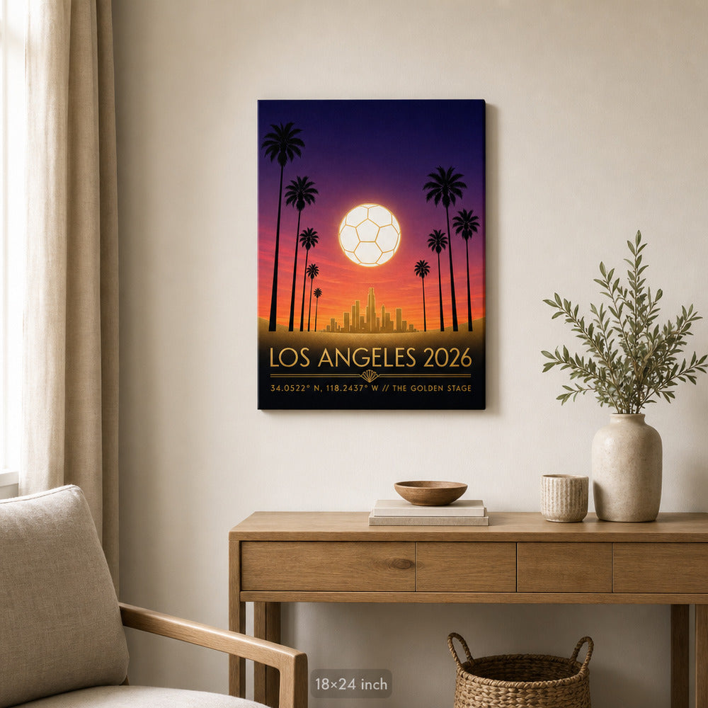 Los Angeles 2026 Golden Stage Soccer Canvas Wall Art 03 18×24 inch wrapped canvas wall mockup